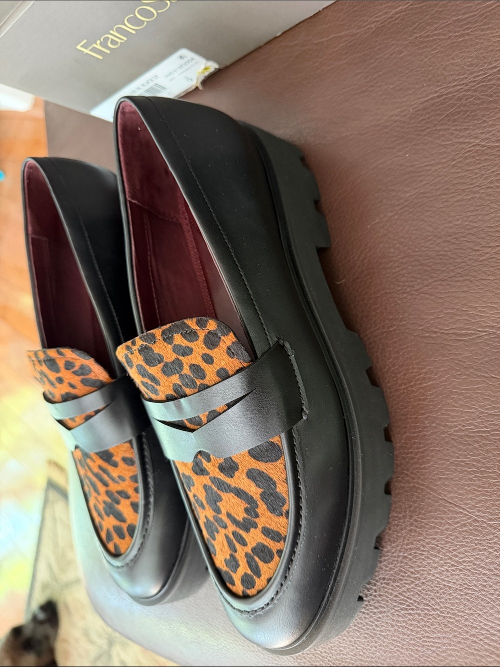 NEW Franco Sarto Balin Black Leather Lug soled Loafer w/Leopard Print size 9 - Picture 4 of 8